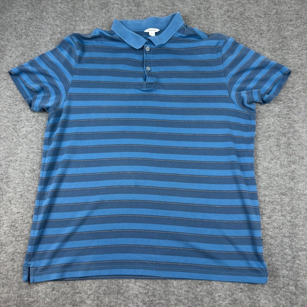 Calvin Klein Polo Shirt Men's Medium Blue Striped Short Sleeve Cotton Casual